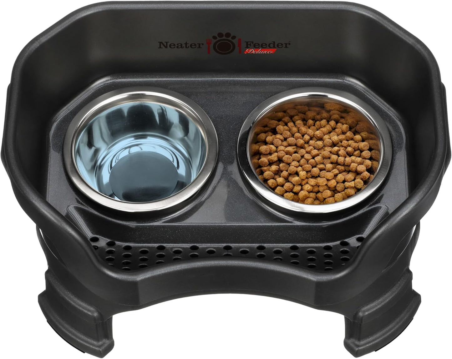 Neater Feeder Deluxe Elevated Dog Bowl Set for Small Breeds – Made in USA – Spill-Proof Design with Leg Extensions – Stainless Steel Food and Water Bowls – Black