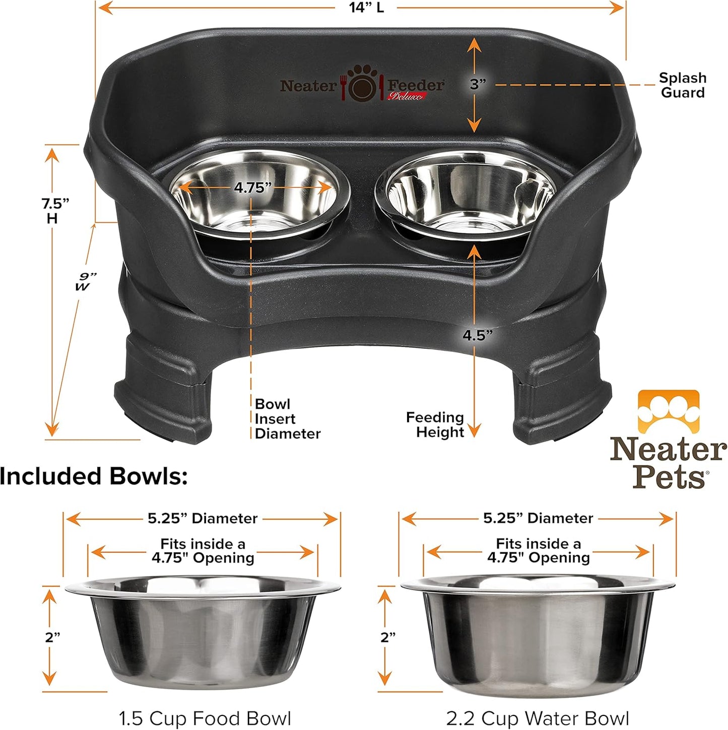 Neater Feeder Deluxe Elevated Dog Bowl Set for Small Breeds – Made in USA – Spill-Proof Design with Leg Extensions – Stainless Steel Food and Water Bowls – Black