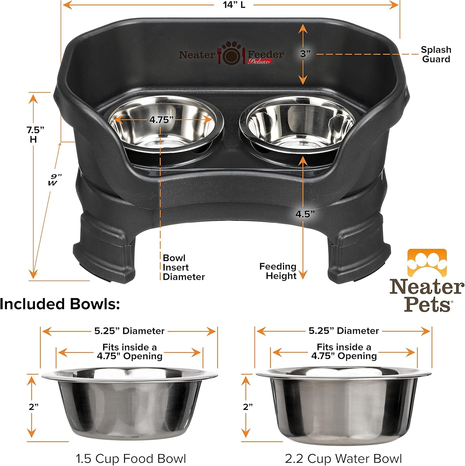 Neater Feeder Deluxe Elevated Dog Bowl Set for Small Breeds – Made in USA – Spill-Proof Design with Leg Extensions – Stainless Steel Food and Water Bowls – Black