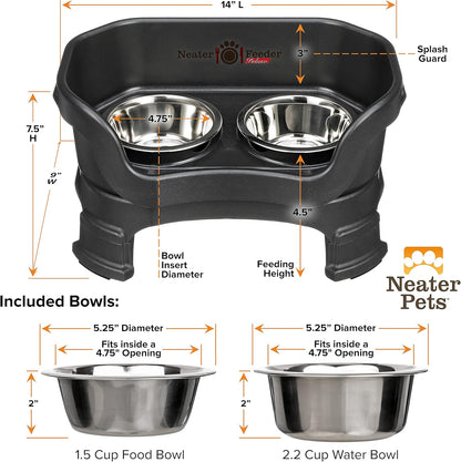 Neater Feeder Deluxe Elevated Dog Bowl Set for Small Breeds – Made in USA – Spill-Proof Design with Leg Extensions – Stainless Steel Food and Water Bowls – Black