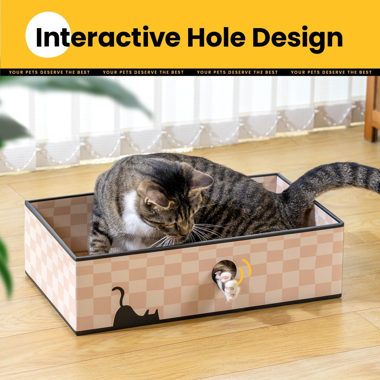 Premium Cat Scratcher Box with Triple-Layer Corrugated Board, Durable Double-Sided Cardboard Cat Bed, Interactive Design with Holes, Checkered Pattern, Large Size