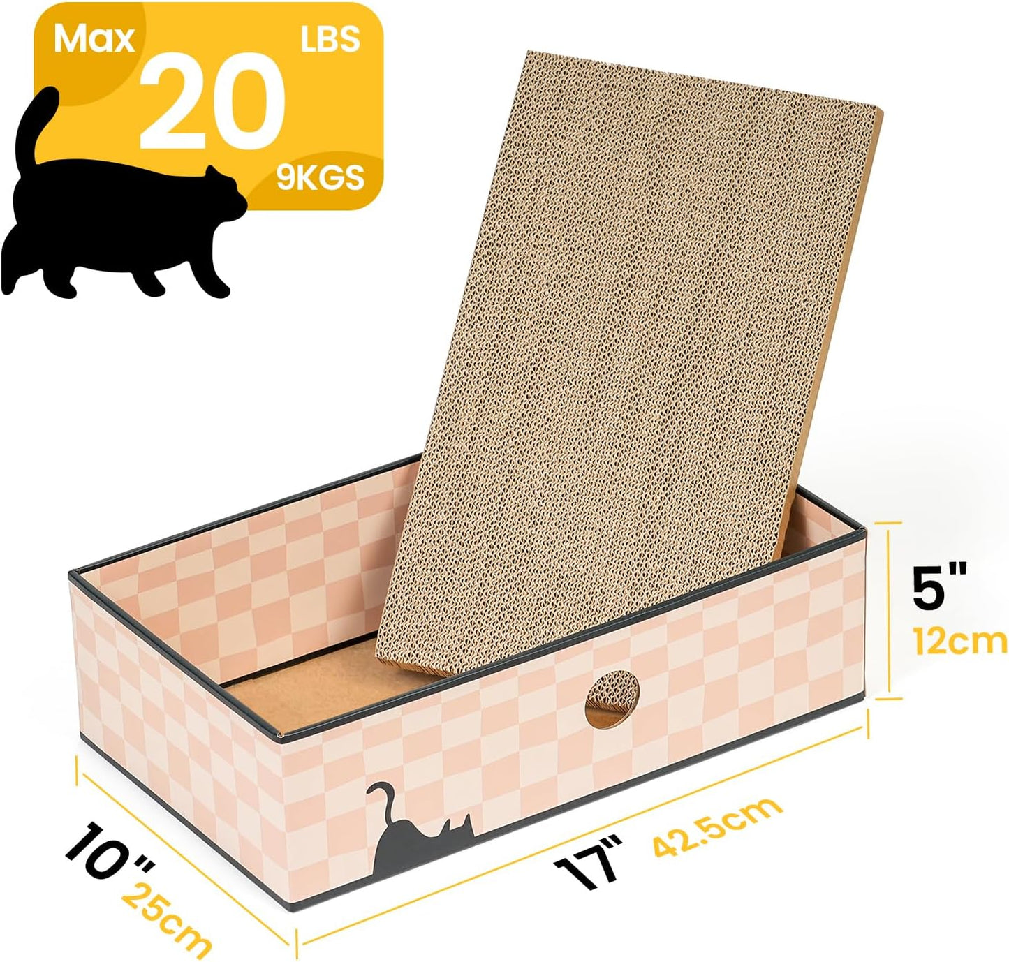 Premium Cat Scratcher Box with Triple-Layer Corrugated Board, Durable Double-Sided Cardboard Cat Bed, Interactive Design with Holes, Checkered Pattern, Large Size