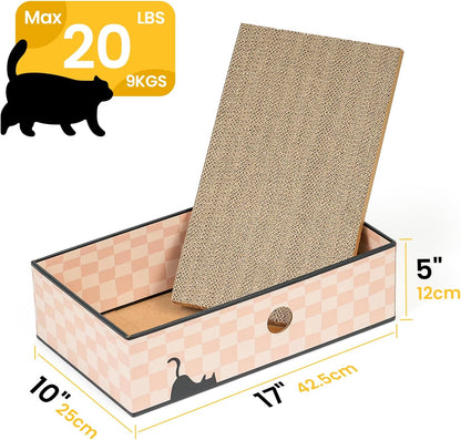 Premium Cat Scratcher Box with Triple-Layer Corrugated Board, Durable Double-Sided Cardboard Cat Bed, Interactive Design with Holes, Checkered Pattern, Large Size