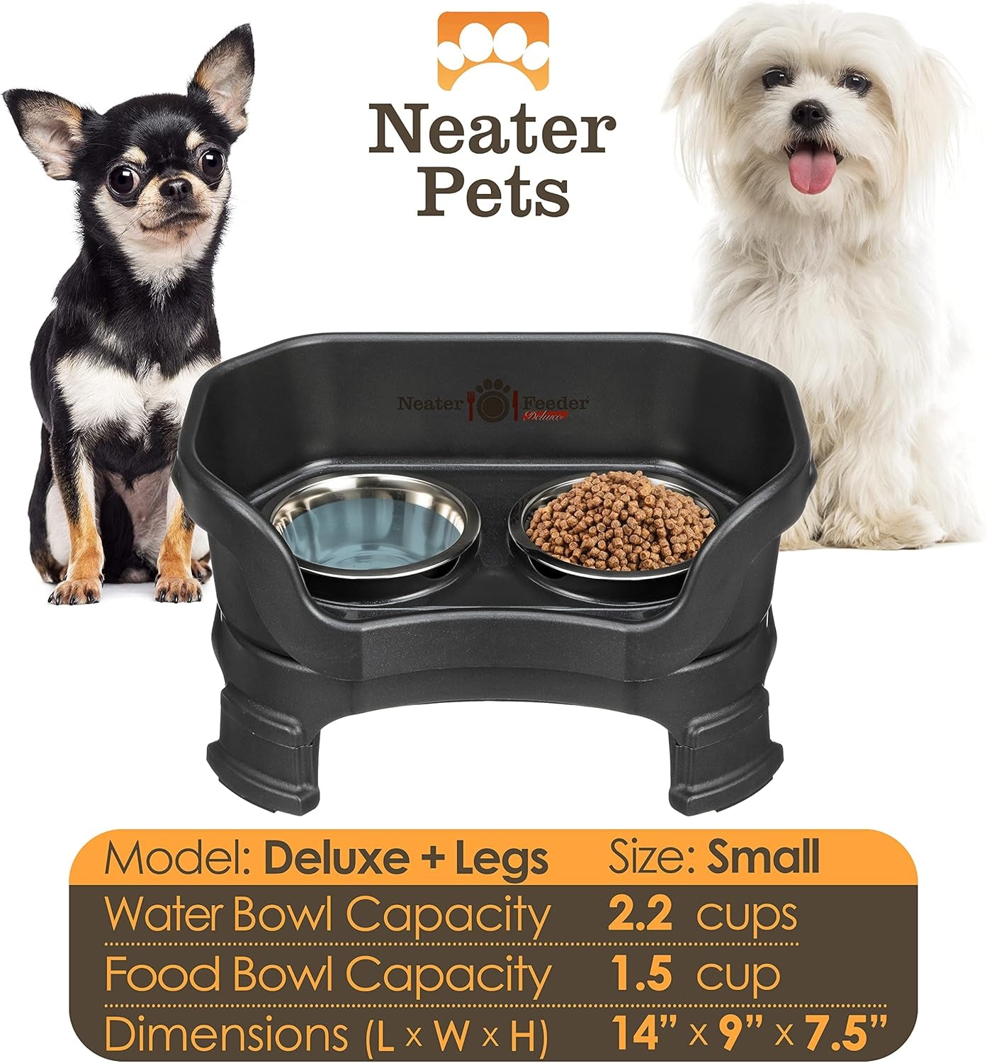 Neater Feeder Deluxe Elevated Dog Bowl Set for Small Breeds – Made in USA – Spill-Proof Design with Leg Extensions – Stainless Steel Food and Water Bowls – Black