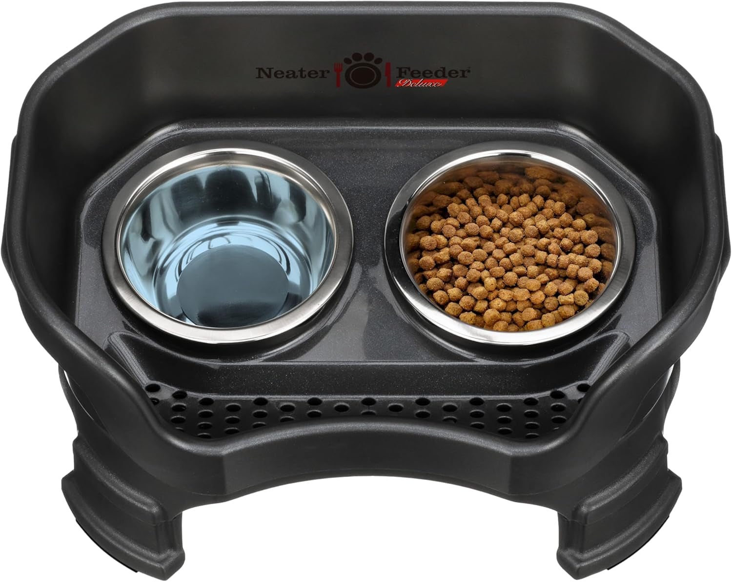 Neater Feeder Deluxe Elevated Dog Bowl Set for Small Breeds – Made in USA – Spill-Proof Design with Leg Extensions – Stainless Steel Food and Water Bowls – Black
