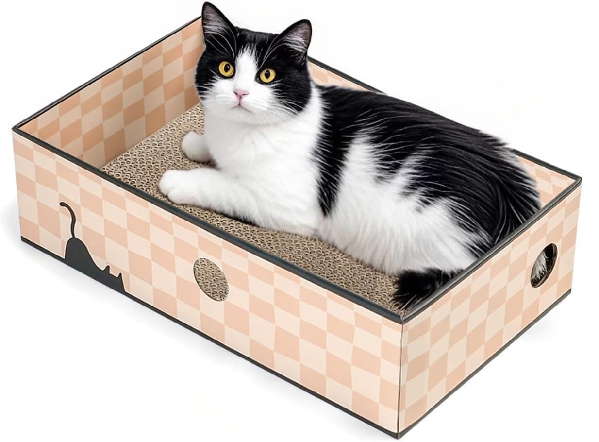 Premium Cat Scratcher Box with Triple-Layer Corrugated Board, Durable Double-Sided Cardboard Cat Bed, Interactive Design with Holes, Checkered Pattern, Large Size