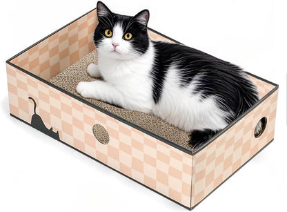 Premium Cat Scratcher Box with Triple-Layer Corrugated Board, Durable Double-Sided Cardboard Cat Bed, Interactive Design with Holes, Checkered Pattern, Large Size