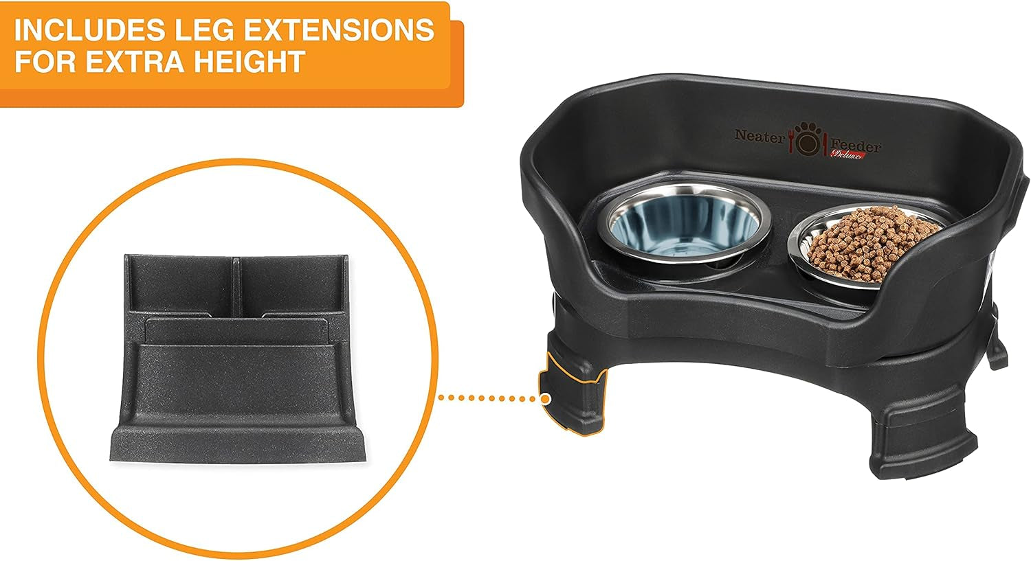 Neater Feeder Deluxe Elevated Dog Bowl Set for Small Breeds – Made in USA – Spill-Proof Design with Leg Extensions – Stainless Steel Food and Water Bowls – Black