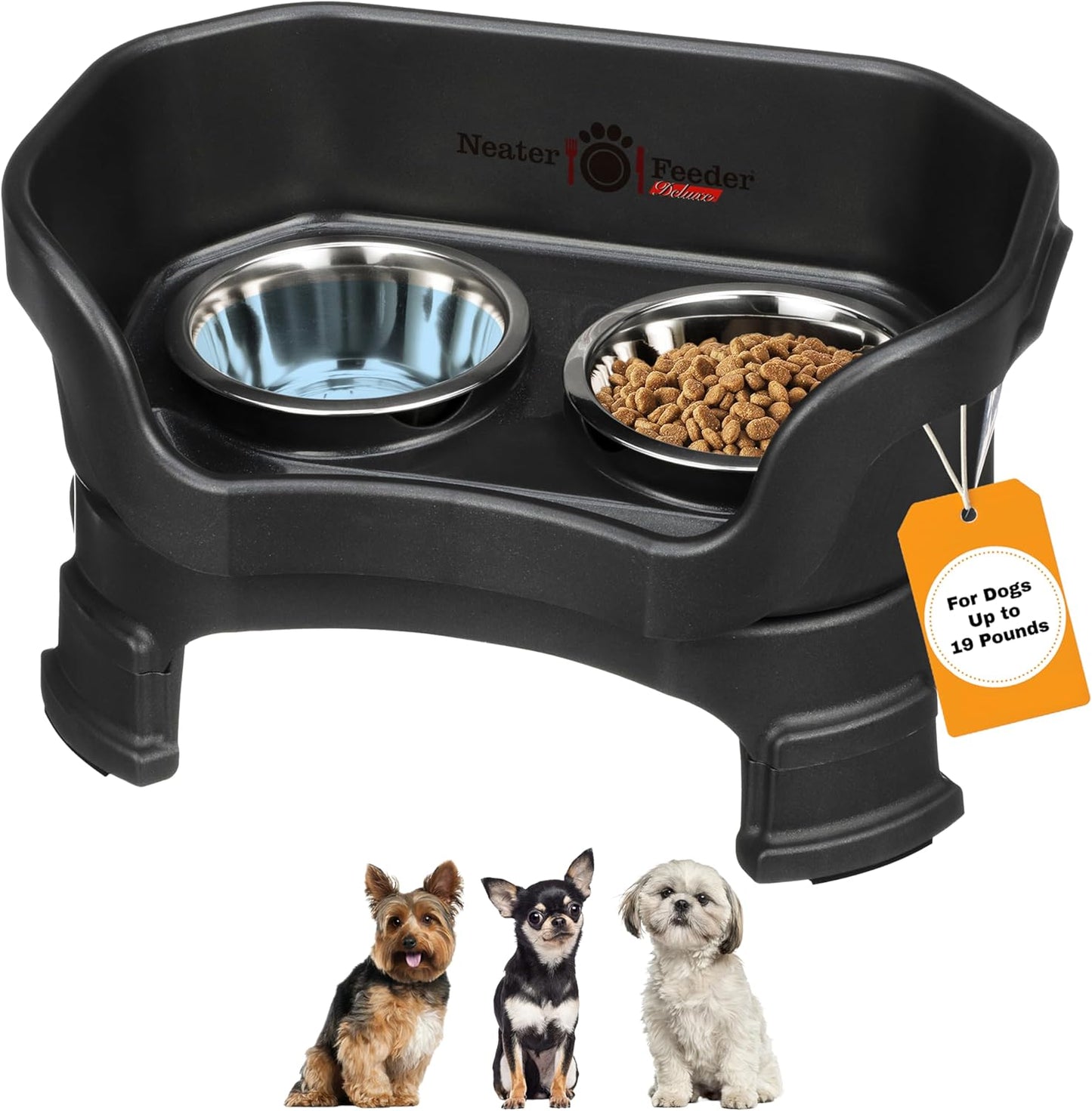 Neater Feeder Deluxe Elevated Dog Bowl Set for Small Breeds – Made in USA – Spill-Proof Design with Leg Extensions – Stainless Steel Food and Water Bowls – Black
