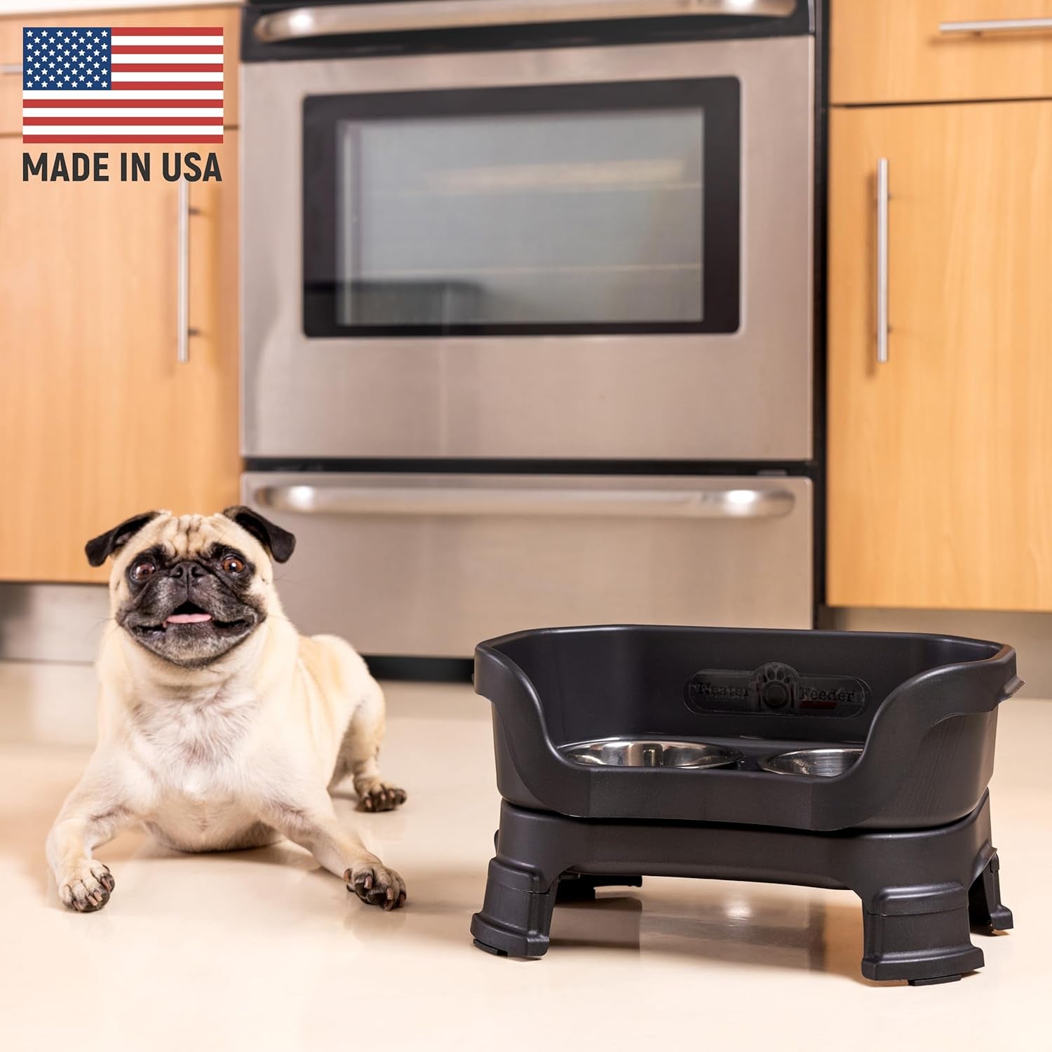 Neater Feeder Deluxe Elevated Dog Bowl Set for Small Breeds – Made in USA – Spill-Proof Design with Leg Extensions – Stainless Steel Food and Water Bowls – Black