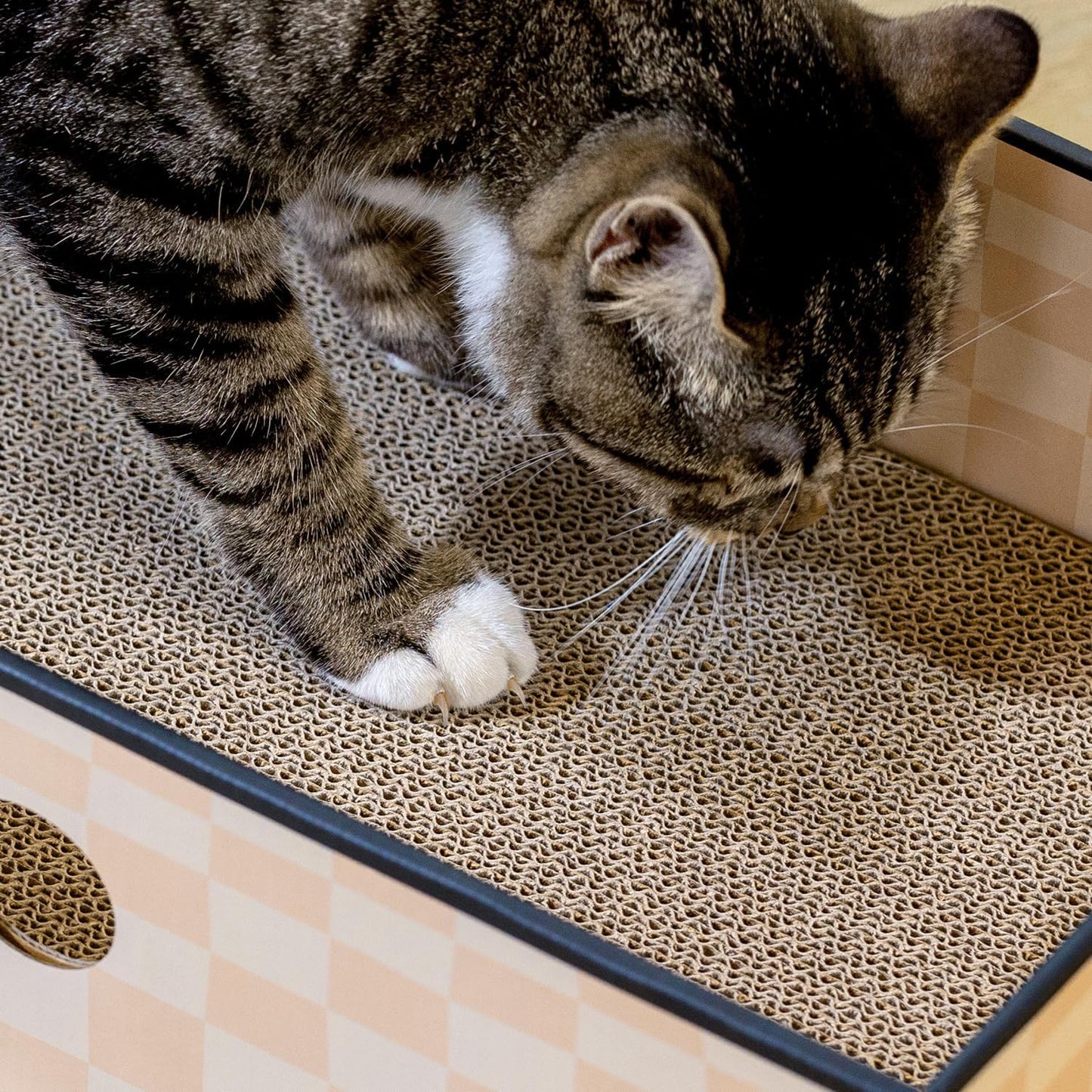 Premium Cat Scratcher Box with Triple-Layer Corrugated Board, Durable Double-Sided Cardboard Cat Bed, Interactive Design with Holes, Checkered Pattern, Large Size