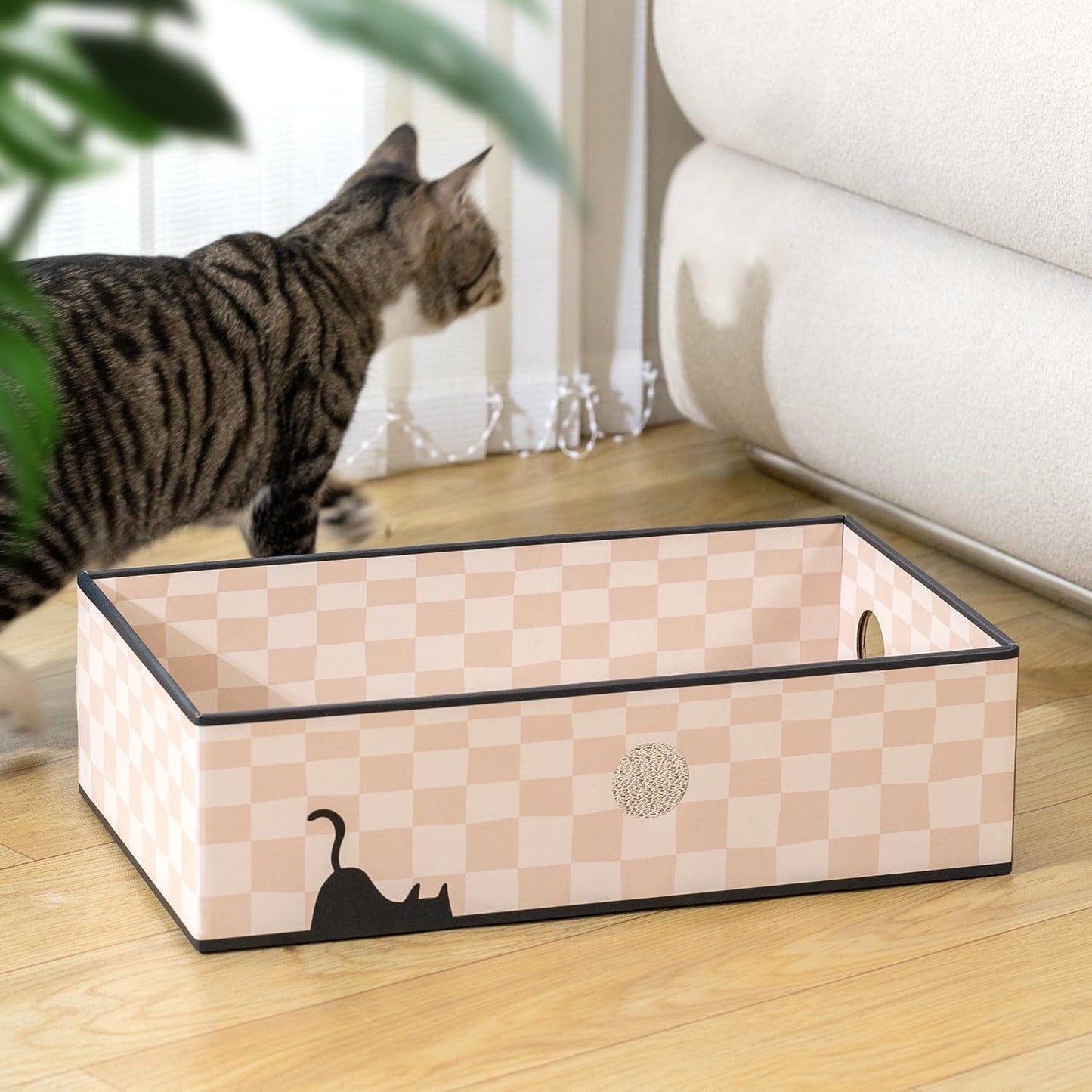 Premium Cat Scratcher Box with Triple-Layer Corrugated Board, Durable Double-Sided Cardboard Cat Bed, Interactive Design with Holes, Checkered Pattern, Large Size